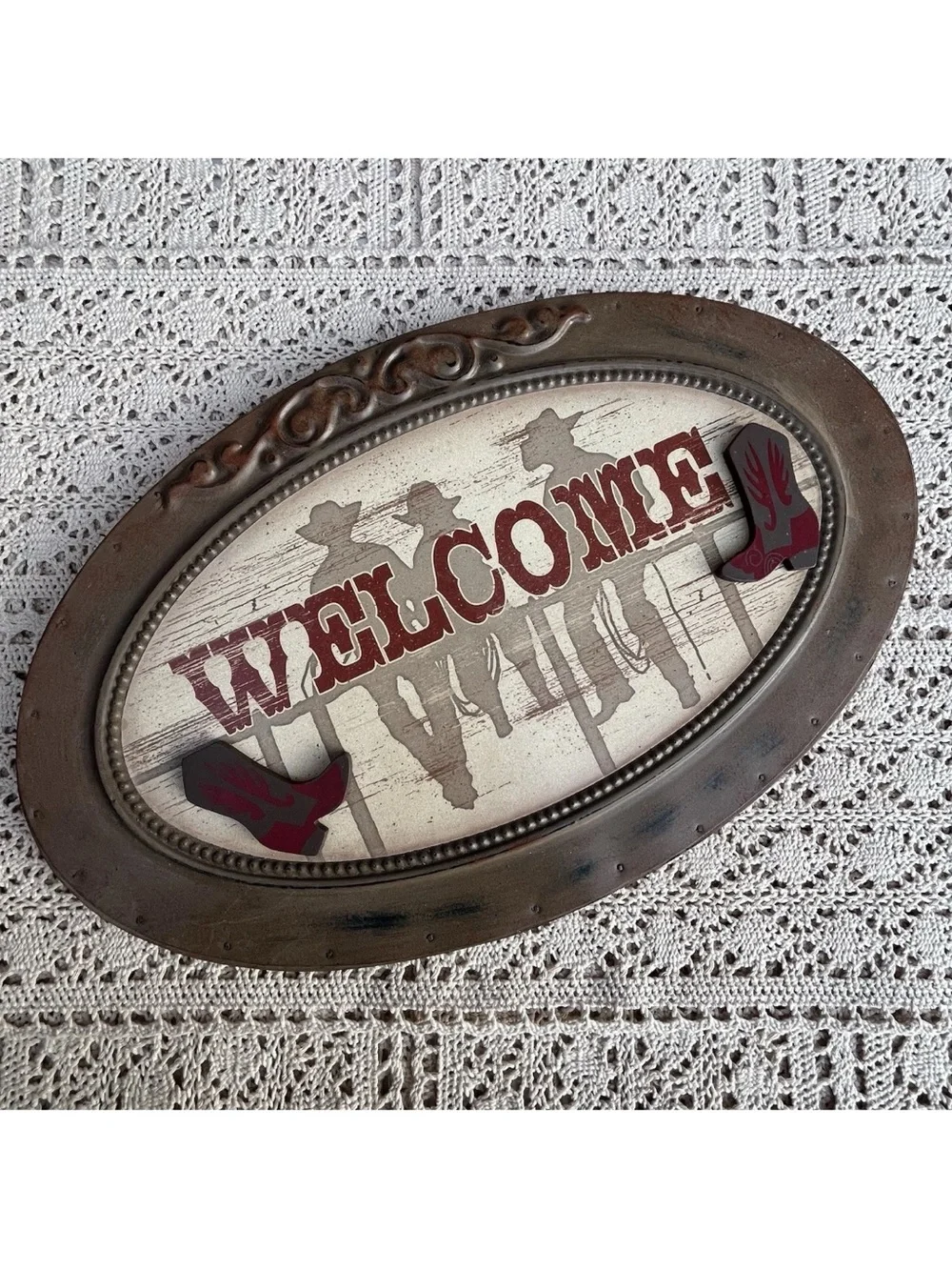 Horse Welcome Sign Home Decor Brown Cast Iron Horseshoe Rustic Rusty Ranch Art